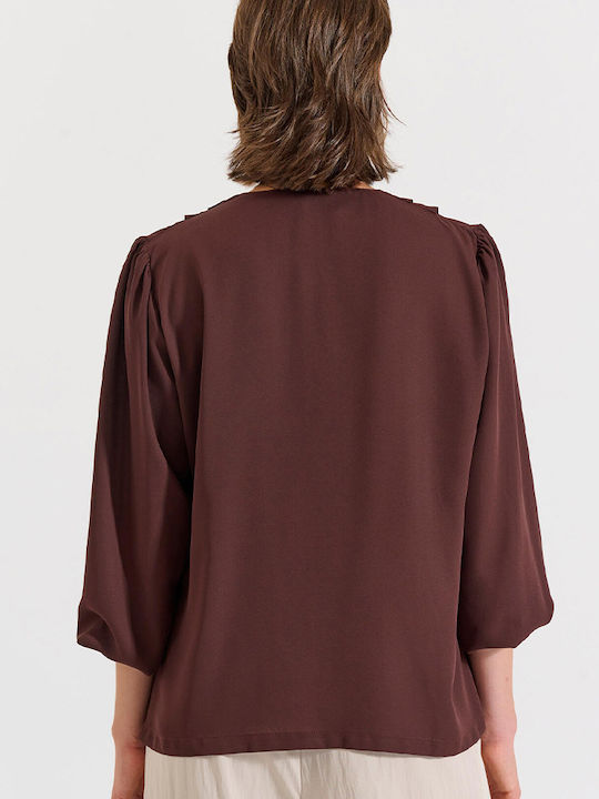 Women's Blouse Long Sleeve with V Neckline Brown