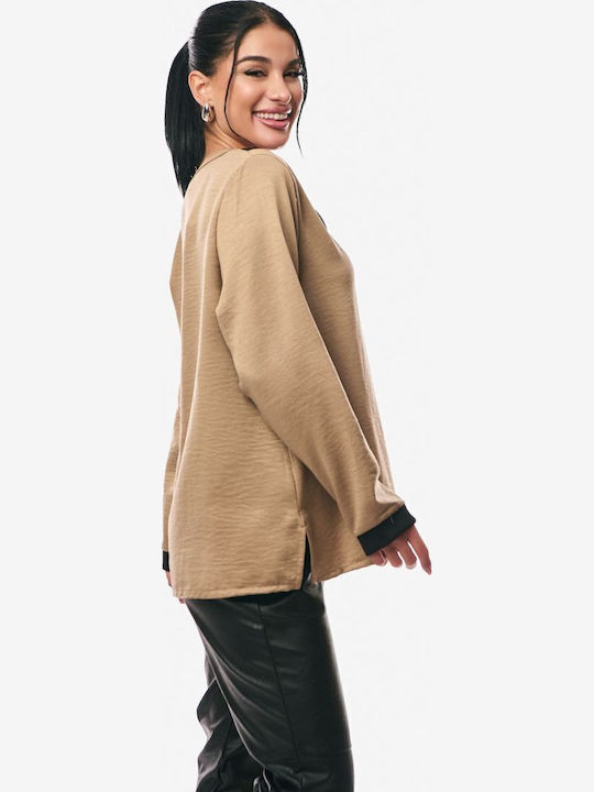 Women's Blouse Satin Long Sleeve with V Neckline Beige