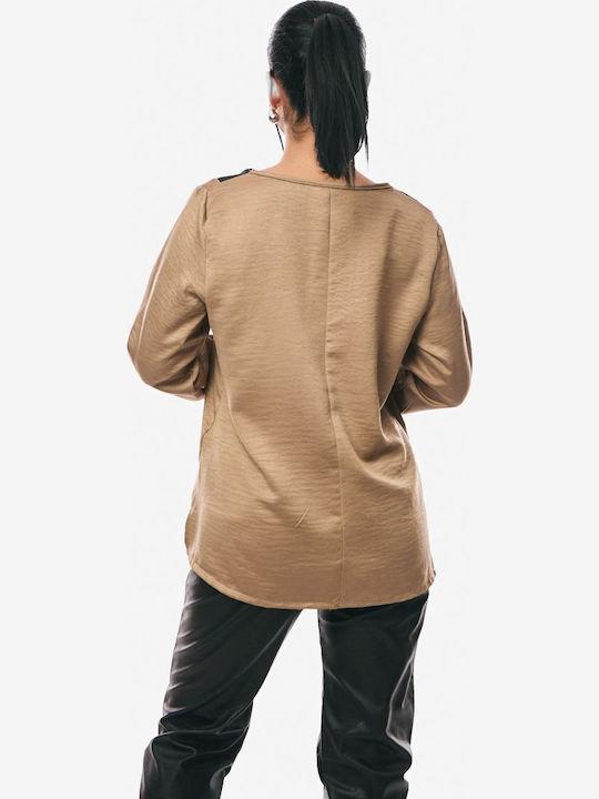 Women's Blouse Satin Long Sleeve with V Neckline Beige