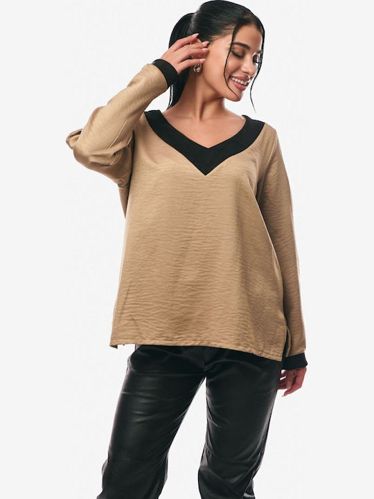 Women's Blouse Satin Long Sleeve with V Neckline Beige