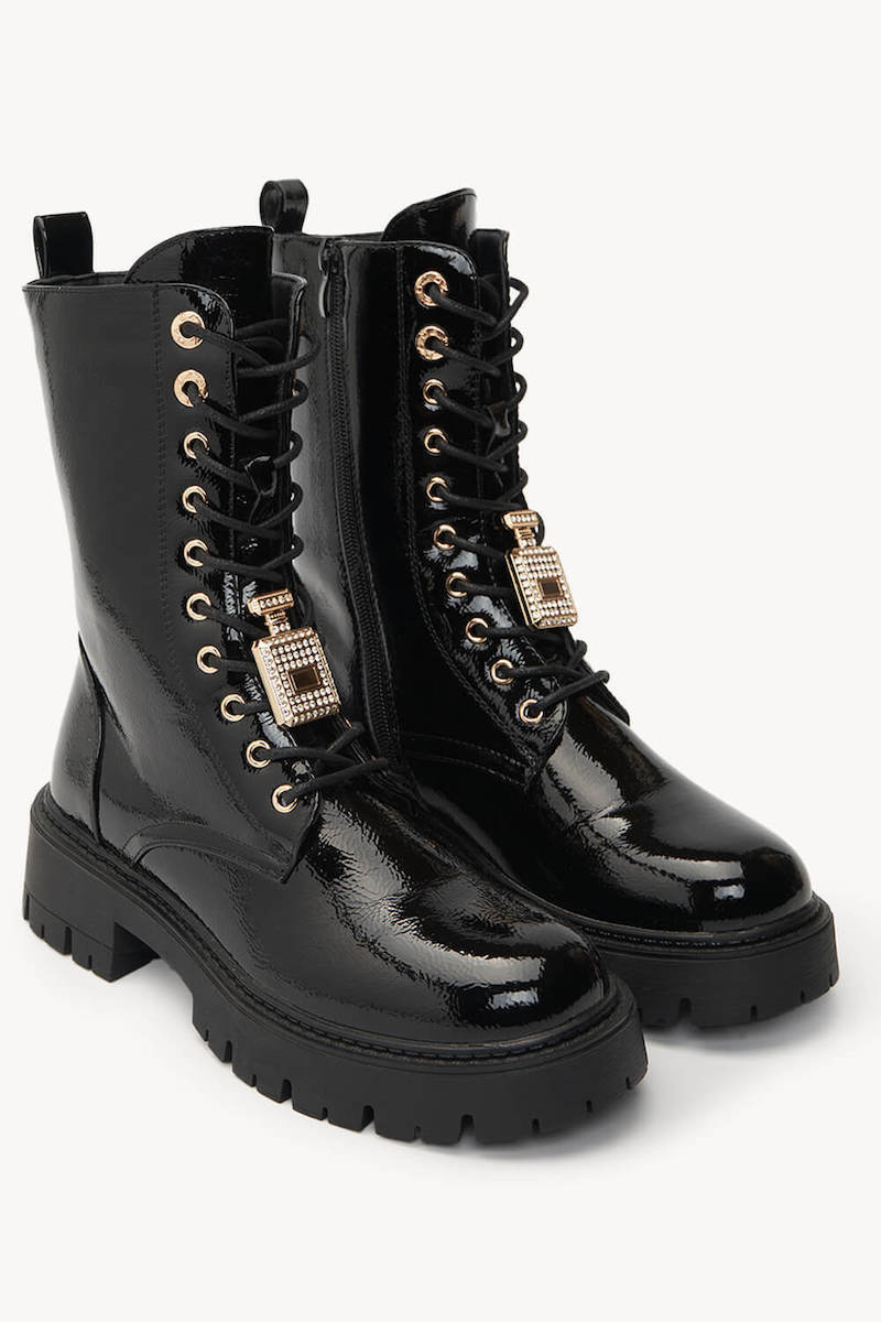 Black Patent Leather Combat Boots with Gold Details