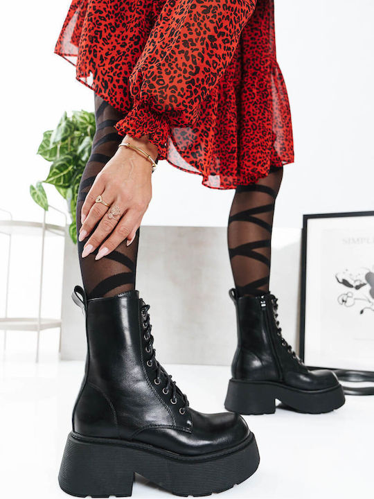Black Combat Boots With Laces Thick Sole