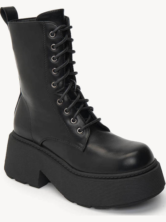 Black Combat Boots With Laces Thick Sole