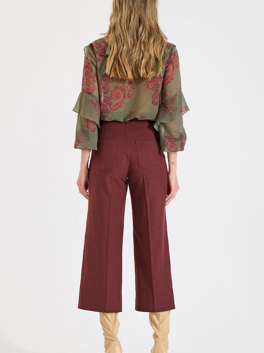 Women's High-waisted Fabric Capri Trousers Bordeaux