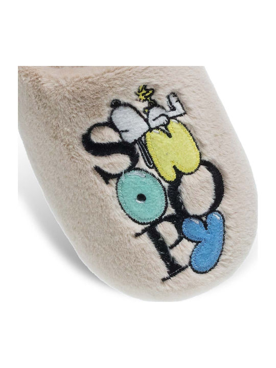 Snoopy Peanuts Χειμερινές Γυναικείες Παντόφλες Μπεζ