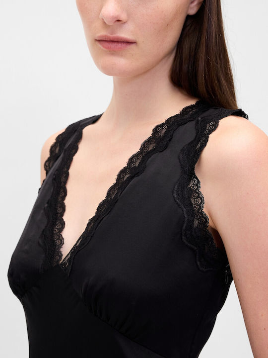 Summer Midi Evening Dress with Lace True Black