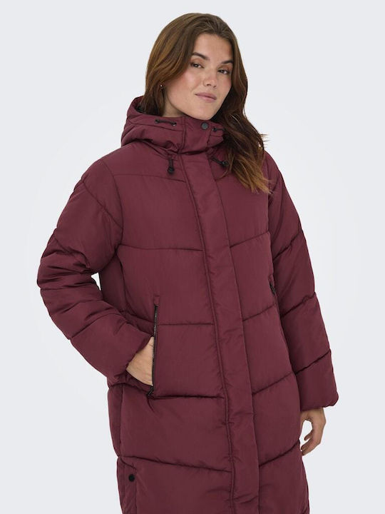 Lang Damen Puffer Jacke Wasserdicht für Winter Burgundy