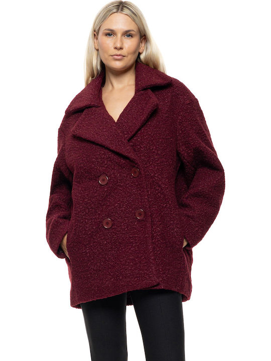 Γυναικείο Wine Red Παλτό Oversized με Κουμπιά