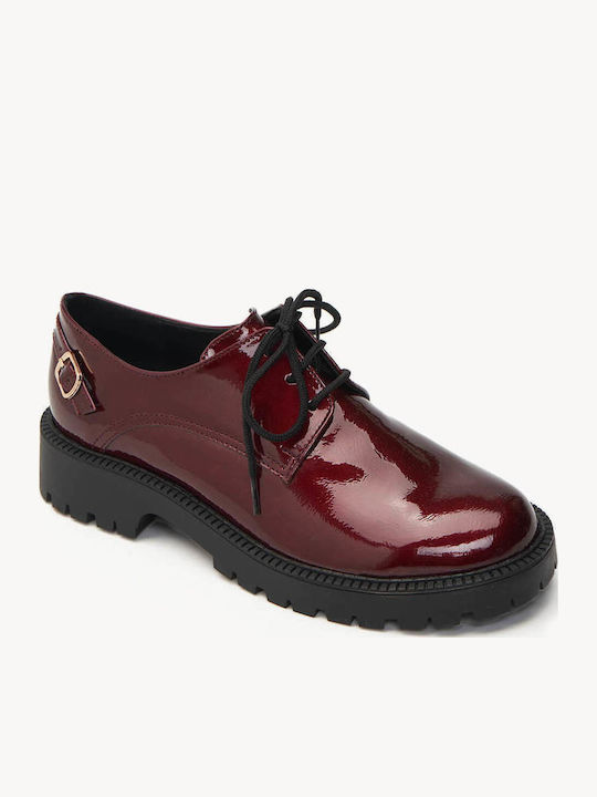 Burgundy Lace-Up Patent Leather Chunky Sole Shoes