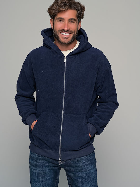 Ανδρική Ζακέτα Fleece με Κουκούλα Μπλε
