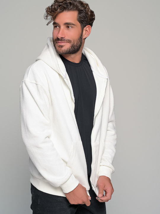 Ανδρική Ζακέτα Fleece με Κουκούλα Λευκή