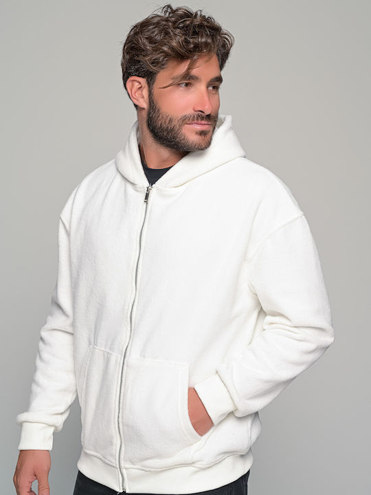Ανδρική Ζακέτα Fleece με Κουκούλα Λευκή