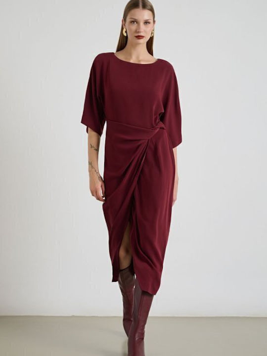 Midi Shirt Dress with 3/4 Sleeve Satin Wrap Burgundy