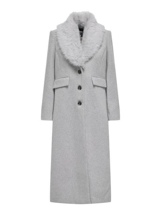 Wool Women's Gray Coat with Fur Details