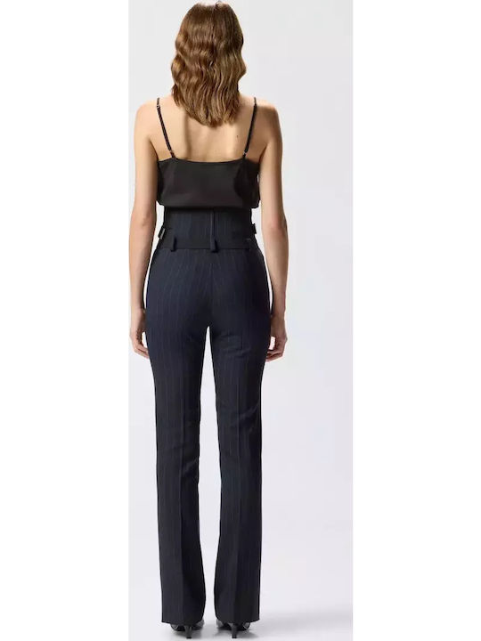 Pantalone Women's High-waisted Fabric Trousers Straight Line Striped Blue