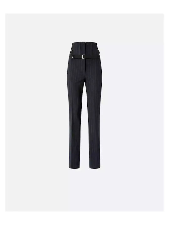 Pantalone Women's High-waisted Fabric Trousers Straight Line Striped Blue