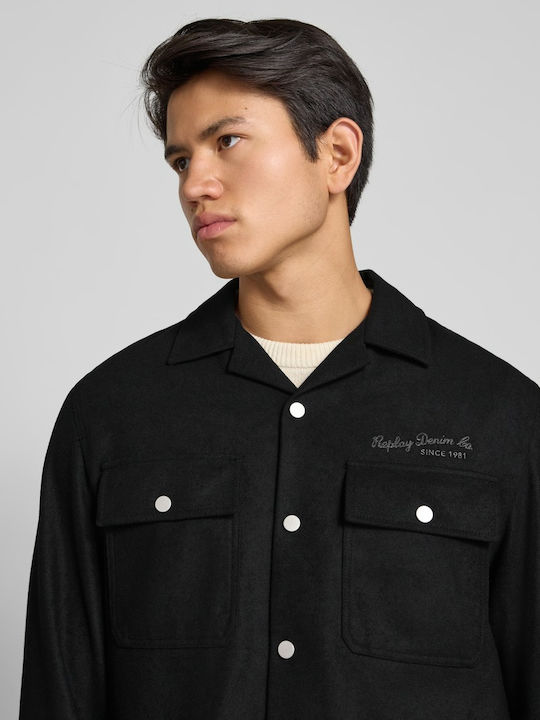 Μακρυμάνικo Overshirt σε Κανονική Γραμμή Μαυρο