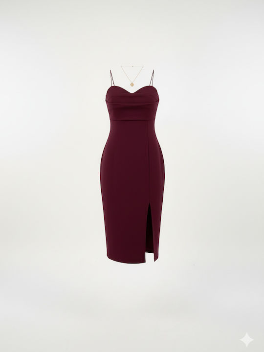 Summer Midi Evening Dress with Slit Burgundy