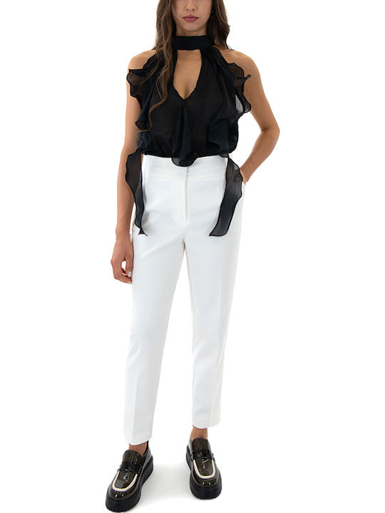 Women's High-waisted Fabric Trousers Slim Fit Λευκο (white)