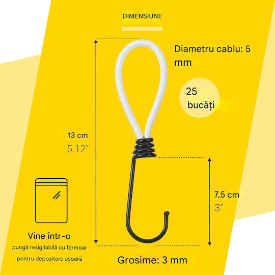 Set 25 Corzi Elastice Pretex Cârlig Metalic Realizate Din Latex Durabil 13 Cm Prindere Albe