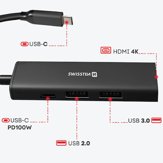 Swissten USB C Hub 4 in 1 USB-C Docking Station with HDMI 4K PD Black