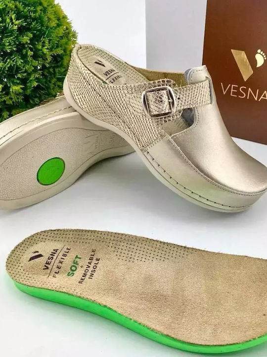 Comfort Way Shoes Γυναικεία Δερμάτινα Ανατομικά Σαμπό Χρυσά