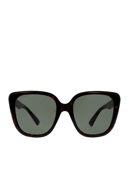Gucci Women's Sunglasses with Brown Tartaruga Plastic Frame and Green Lens