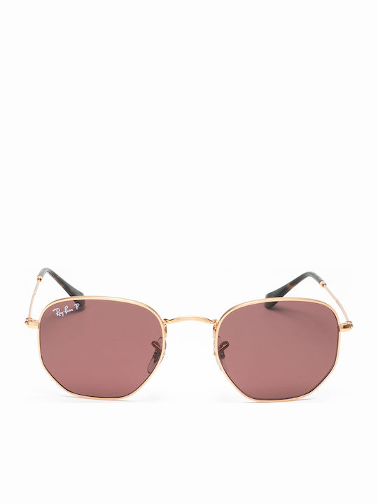 Ray Ban Hexagonal Unisex Γυαλιά Ηλίου με Ροζ Χρυσό Μεταλλικό Σκελετό και Μωβ Polarized Φακό