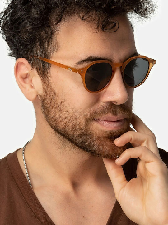 Twig Langevin Unisex Sunglasses with Brown Tartaruga Plastic Frame and Green Lens LAS10