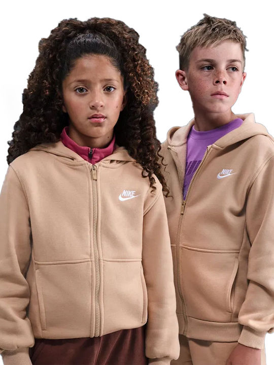 Fleece Kids Sweatshirt Cardigan with Hood and Pockets Beige Sportswear Club