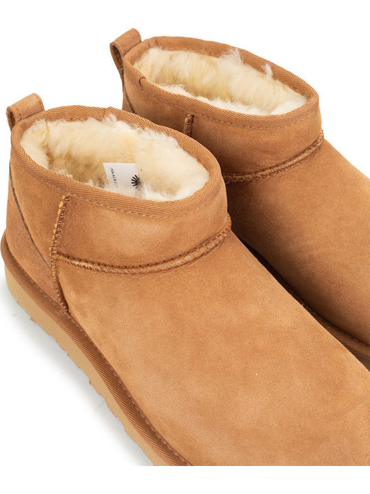 Classic Ultra Mini Leather Women's Ankle Boots with Fur Chestnut