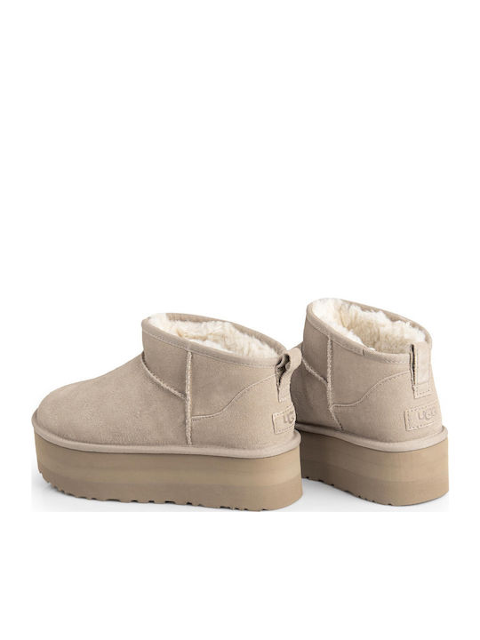 Classic Ultra Mini Platform Leather Women's Ankle Boots with Fur Sand