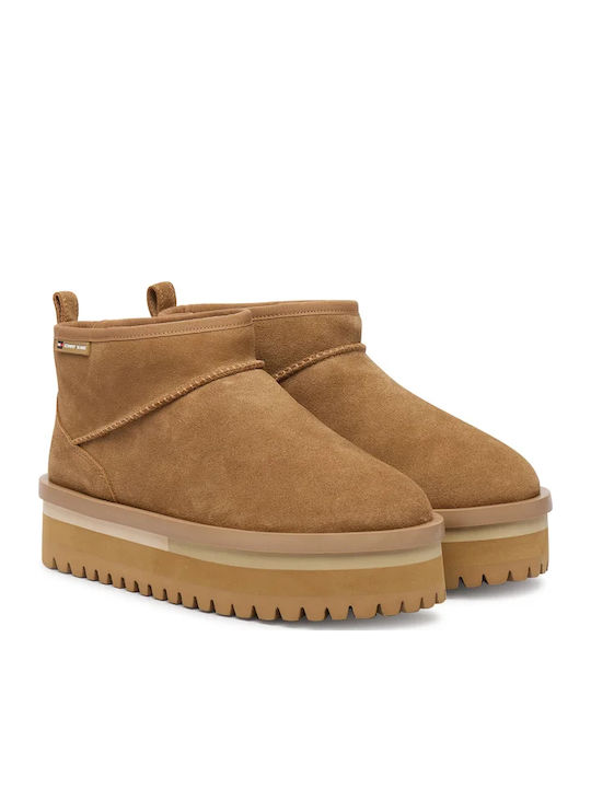 Leather Women's Ankle Boots with Fur Tabac Brown