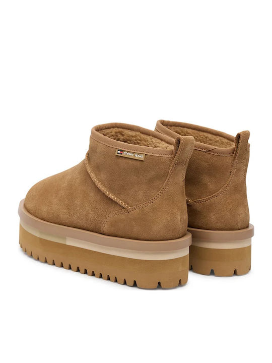 Leather Women's Ankle Boots with Fur Tabac Brown
