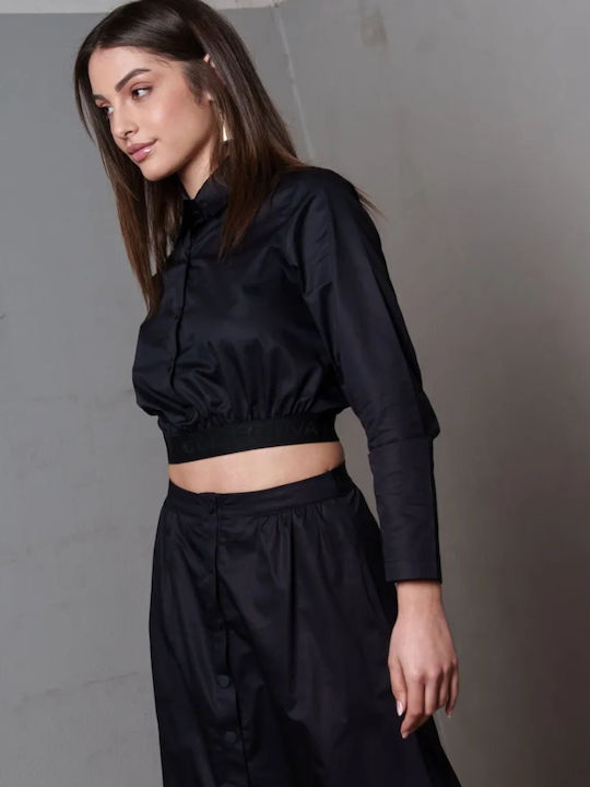 Women's Crop Top Cotton Long Sleeve Black