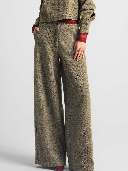 Women's High-waisted Fabric Trousers Khaki