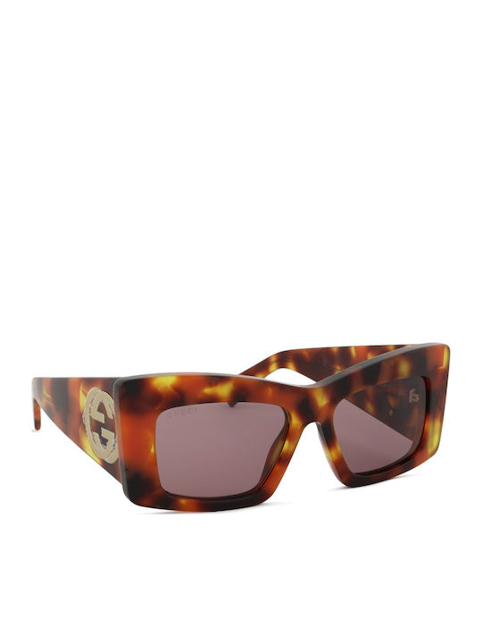 Gucci Women's Sunglasses with Brown Tartaruga Plastic Frame and Purple Lens