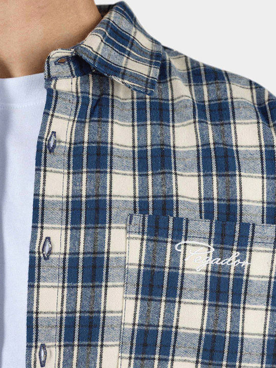 Long Sleeve Flannel Shirt in Oversized Checked Pattern Indigo Navy Stone