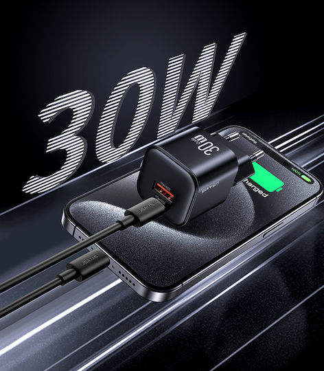 Usams Ladegerät ohne Kabel GaN mit USB-A Anschluss und USB-C Anschluss 30W Weißs (CC263)