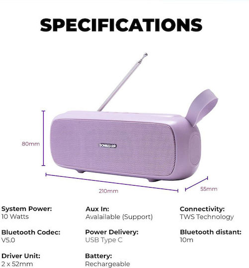 Sonic Gear Super Bass Ηχείο Bluetooth 20W με Ραδιόφωνο και Διάρκεια Μπαταρίας έως 6 ώρες Lilac