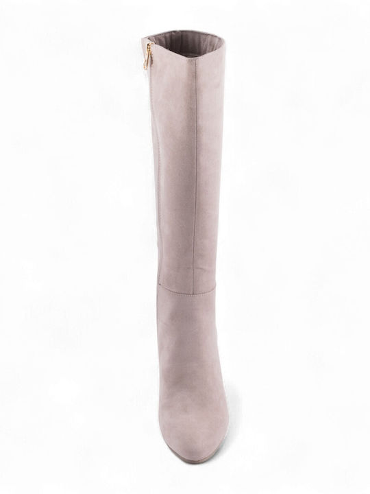 Medium Heel Women's Boots with Zipper Beige