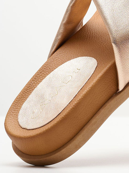 Leather Women's Flat Sandals in Gold Color
