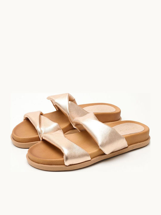Leather Women's Flat Sandals in Gold Color