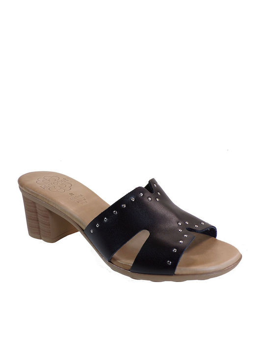 Leather Mules with Chunky High Heel in Black Color