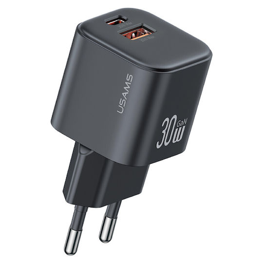 Usams Ladegerät ohne Kabel GaN mit USB-A Anschluss und USB-C Anschluss 30W Schwarzs (CC263)