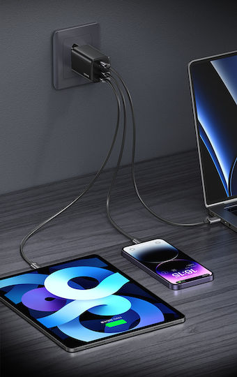 Usams Charger Without Cable GaN with USB-A Port and 2 USB-C Ports 67W Power Delivery Blacks (CC265)