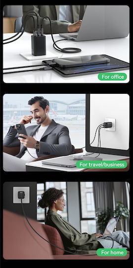 Usams Charger Without Cable GaN with USB-A Port and 2 USB-C Ports 67W Power Delivery Blacks (CC265)