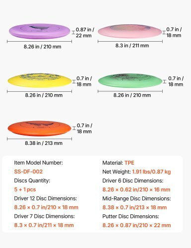 Vevor Disc Golf Set 5 Pieces Flying Discs Beginners Starter Set Disc Golf Full Body Training Putter Mid-range Driver Mini Marker PDGA Approved Outdoor Yard Lawn Beach