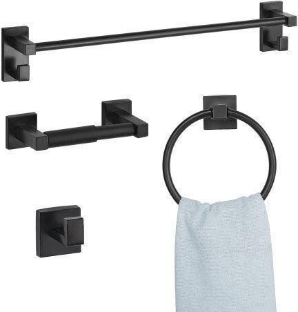 Vevor Matte Black Bathroom Equipment Set Bathroom Accessories Set Stainless Steel 4 Pieces 24-inch 61.0 cm Towel Bar Towel Ring Robe Hook Toilet Paper Holder Bathroom Wall-Mounted