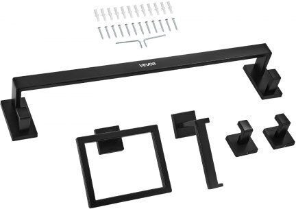 Set of Black Matte Bathroom Accessories Vevor 5 Pieces Bathroom Accessories Stainless Steel 24-inch 61.0 Cm Towel Bar Towel Rack 2 Towel Robe Hooks Toilet Paper Holder Bathroom Wall-Mounted
